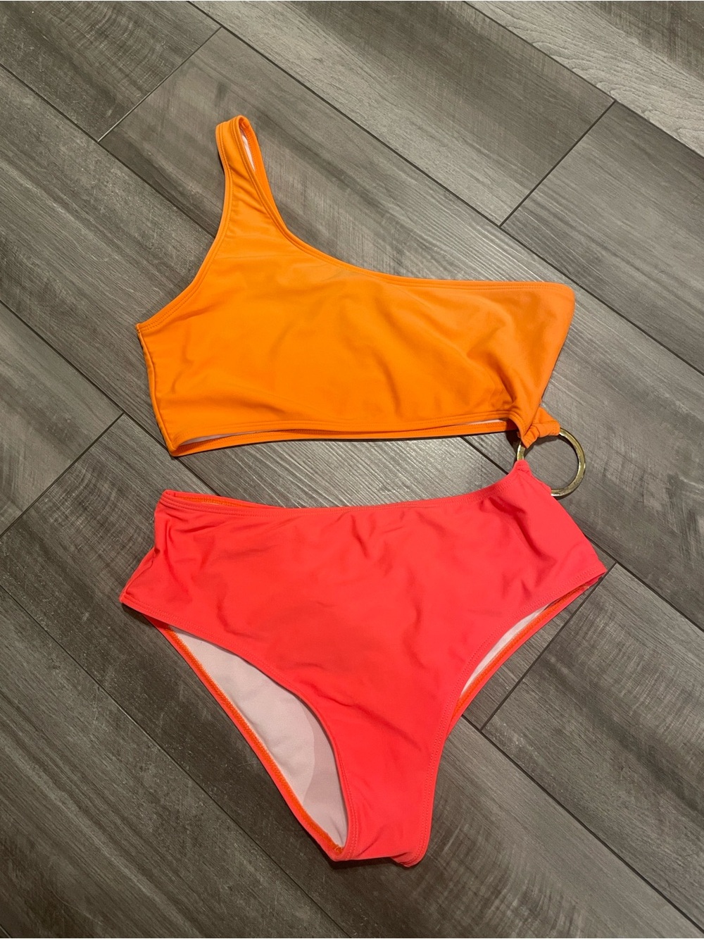 One-Shoulder Neon Color Block Ring Bikini Set Size Medium/Large